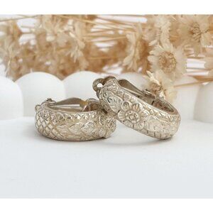 Chunky Floral & Snakeskin Embossed Sterling Silver Vintage Clip On Earrings